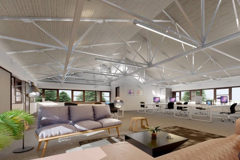 View across open plan top floor offices in the naturally lit Winslade House. CGI