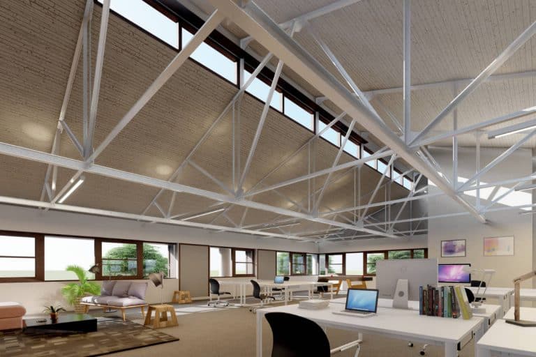 View across open plan top floor offices in the naturally lit Winslade House. CGI
