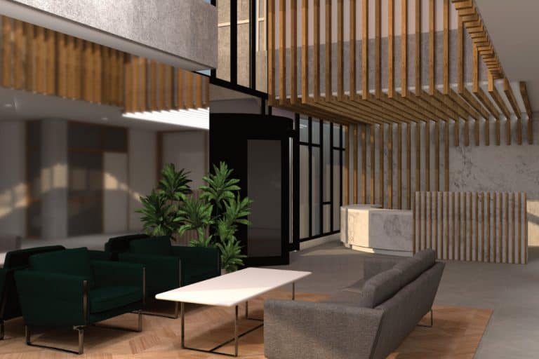 Winslade House Interior - Artists Impression of reception area with luxury seating and natural wood finishes