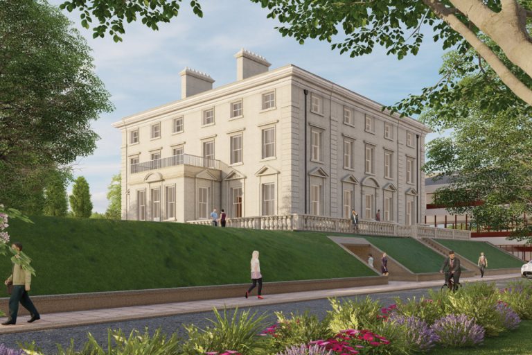 Exterior low angle CGI showing Winslade Manor after it has been refurbished